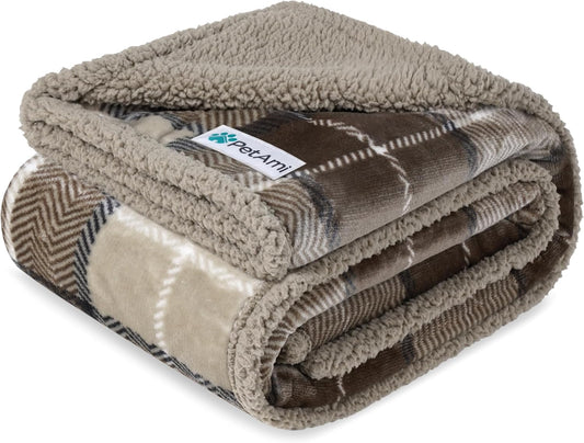 Waterproof Dog Blanket for Couch, Extra Large 80X60, Pee Proof Sherpa Fleece Reversible Pet Throw, Furniture Protector for Bed Sofa Crate Kennel, Soft Washable Cover for Dogs, Plaid Taupe