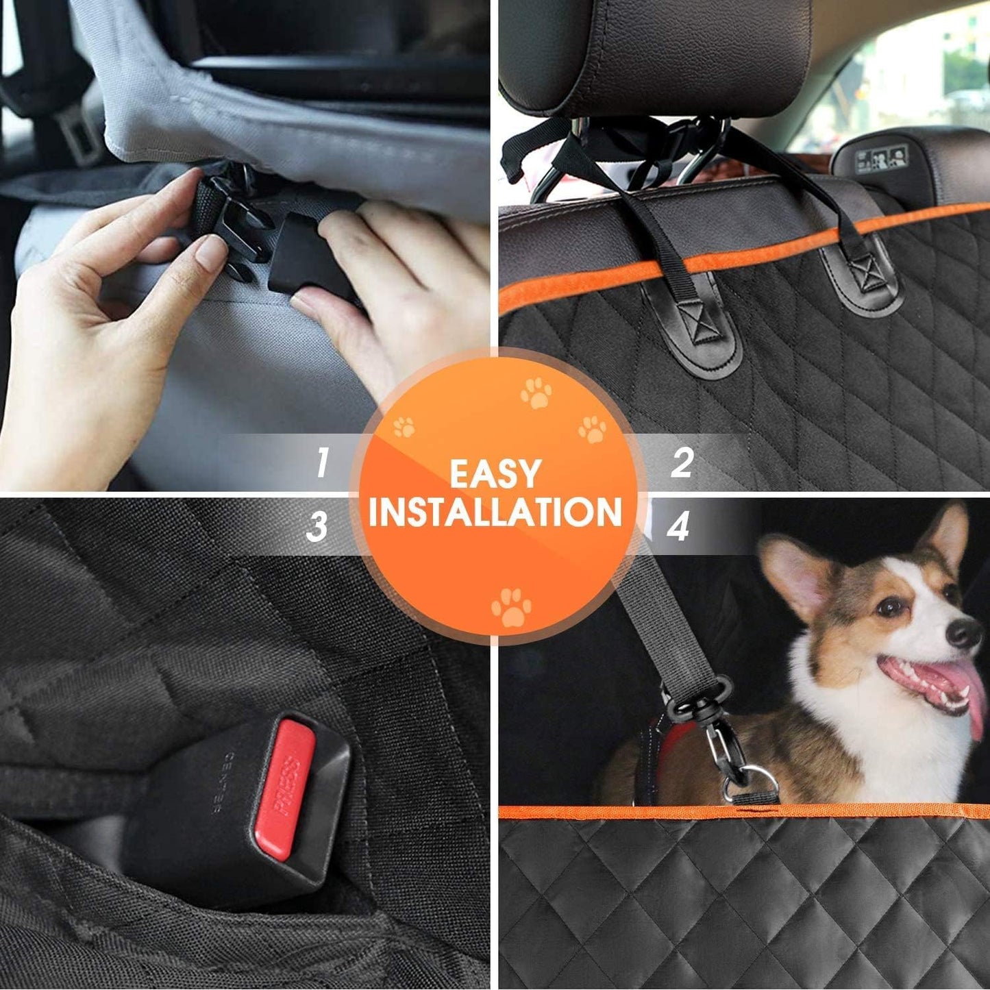 Dog Car Seat Cover for Back Seat, Waterproof Seat Protector Scratchproof Pet Hammock with 4 Bags Side Flaps, Washable Nonslip Backseat Protection for Cars Trucks and Suvs.