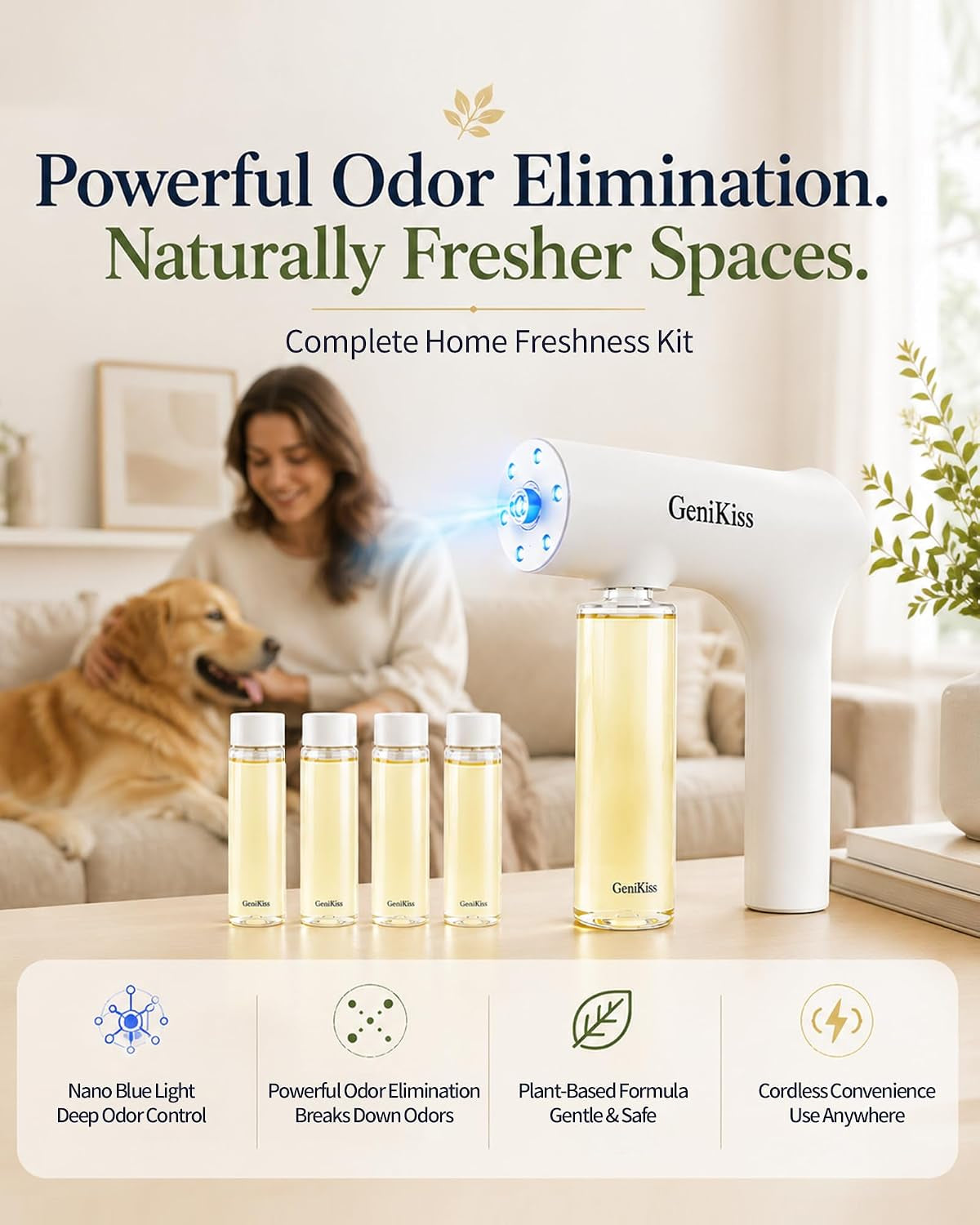 Nano Blue Light Deodorizer Spray Refill Pet & Home Odor Eliminator | Bio-Enzyme Odor Control, for Dog & Cat Urine, Litter Box, Carpets, Trash Bins & Car Interiors, Safe for People & Pets