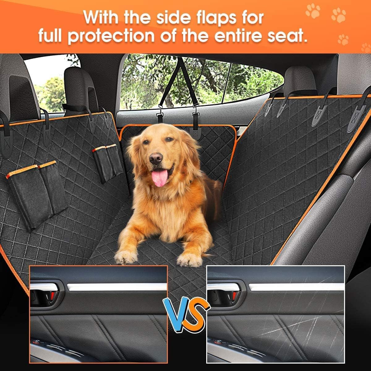 Dog Car Seat Cover for Back Seat, Waterproof Seat Protector Scratchproof Pet Hammock with 4 Bags Side Flaps, Washable Nonslip Backseat Protection for Cars Trucks and Suvs.