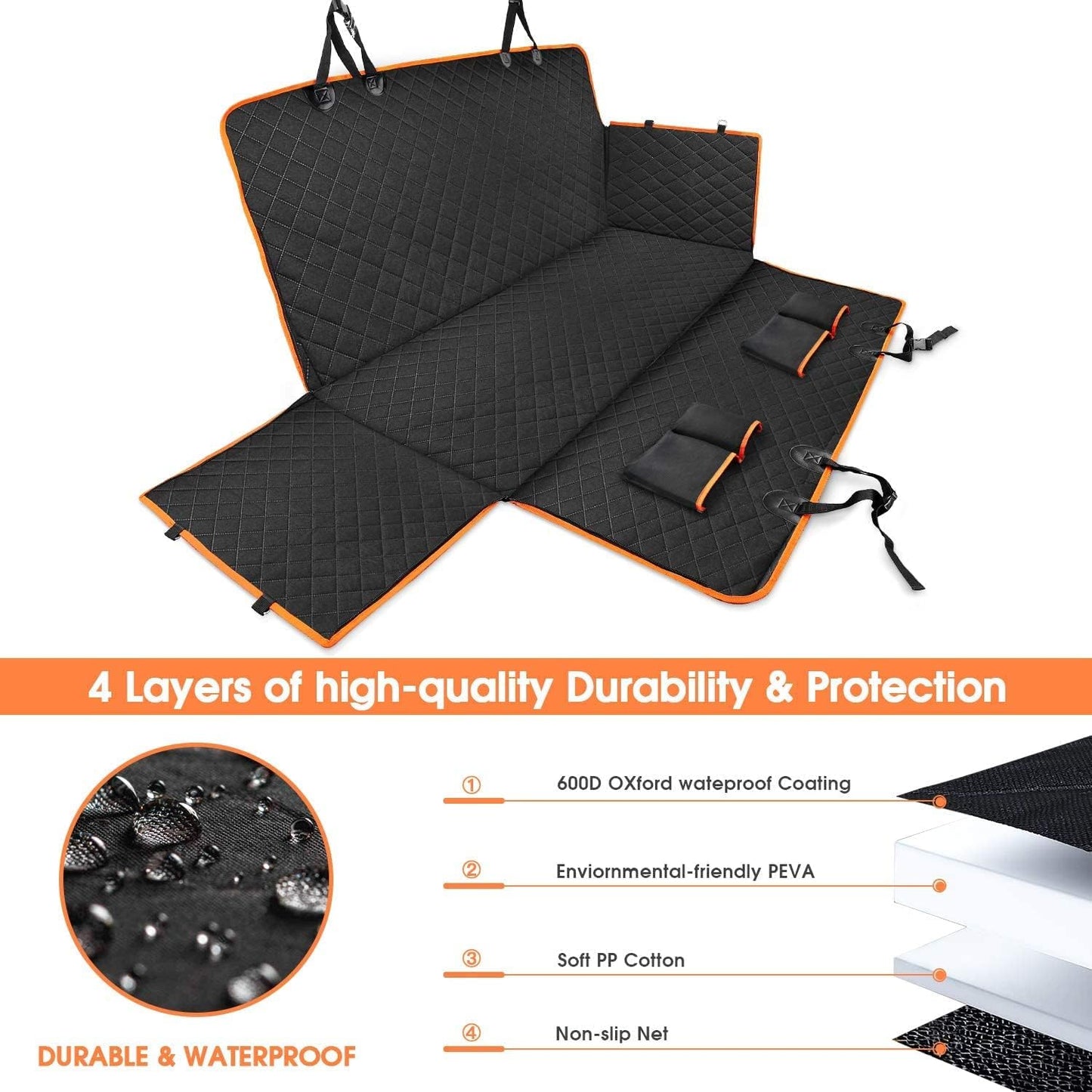 Dog Car Seat Cover for Back Seat, Waterproof Seat Protector Scratchproof Pet Hammock with 4 Bags Side Flaps, Washable Nonslip Backseat Protection for Cars Trucks and Suvs.